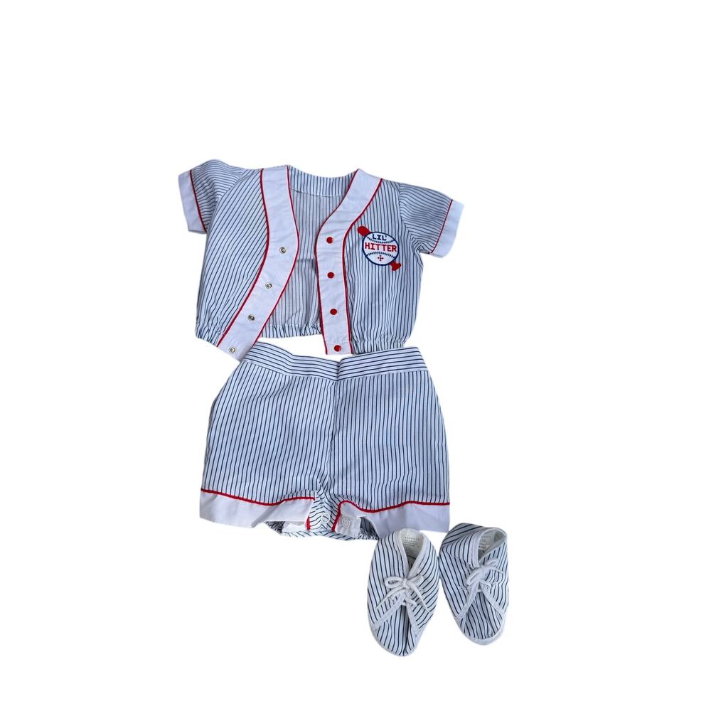 Vintage Baby Togs Baseball Uniform Set Top Shorts Booties 3 to 6 M Pinstripe